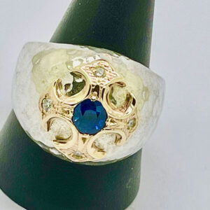 Sterling Silver Ring set Sapphire and Diamonds in Gold Cross